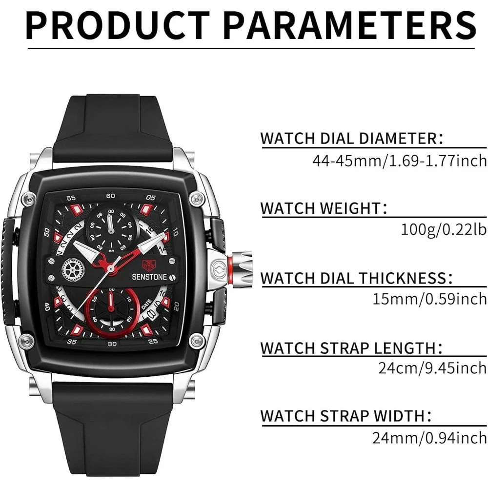 Senstone Mens Watch Black Square Chronograph Sports Silicone Strap X0045GCRD9